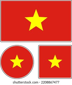 Banderas de los países del mundo. Bandera nacional de Vietnam. Formas rectangulares, redondeadas y cuadradas. Ilustración vectorial de color amarillo rojo.