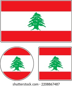 Flags of the countries of the world. National flag of Lebanon. Rectangular, round and square shapes. Red white green vector illustration.