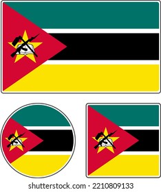 Flags of the countries of the world. National flag of Mozambique. Illustration with star and weapon. Rectangular, round and square shapes. Green black yellow red vector illustration.