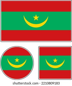 Flags of the countries of the world. National flag of Mauritania. Illustration with star and moon. Rectangular, round and square shapes. Red yellow green vector illustration.