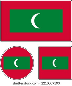 Flags of the countries of the world. National flag of the Maldives. Illustration with moon sign. Rectangular, round and square shapes. Green white red vector illustration.