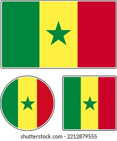 
Flags of the countries of the world. National flag of Senegal. Illustration with a star. Rectangular, round and square shapes. Yellow red green vector illustration.
