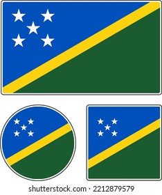 Flags of the countries of the world. National flag of the Solomon Islands. Illustration with stars. Rectangular, round and square shapes. White yellow green blue vector illustration.