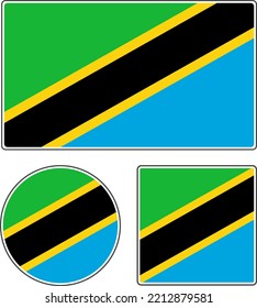 Flags of the countries of the world. National flag of Tanzania. Rectangular, round and square shapes. White black green yellow vector illustration.