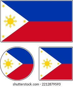 
Banderas de los países del mundo. Bandera nacional de Filipinas. Ilustración con estrellas y patrón. Formas rectangulares, redondeadas y cuadradas. Ilustración vectorial roja amarilla blanca.