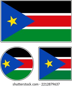 Banderas de los países del mundo. Bandera nacional de Sudán del Sur. Ilustración con una estrella. Formas rectangulares, redondeadas y cuadradas. Ilustración vectorial de color blanco azul amarillo verde rojo.