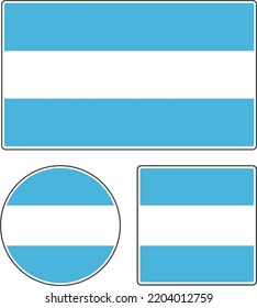 Flags of the countries of the world. State flag of Argentina. Rectangular, round and square shape. Blue white vector illustration.