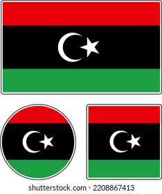 Flags of the countries of the world. State flag of Libya. Rectangular, round and square shapes. Red white black green vector illustration.