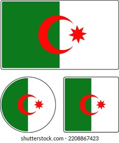 Flags of the countries of the world. State flag of Algeria. Rectangular, round and square shapes. Blue, red, green vector illustration.