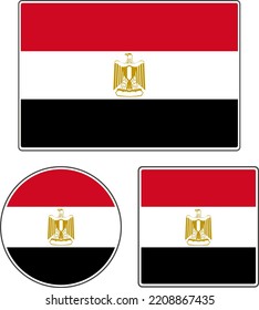 Flags of the countries of the world. State flag of Egypt. Rectangular, round and square shapes. White black red vector illustration.