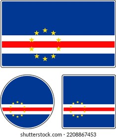 Flags of the countries of the world. State flag of Cape Verde. Rectangular, round and square shapes. Red white blue yellow vector illustration.