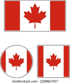 Flags of the countries of the world. State flag of Canada. Rectangular, round and square shapes. Red and white vector illustration.
