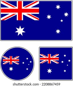 Flags of the countries of the world. State flag of Australia. Rectangular, round and square shapes. Blue, white, red vector illustration.