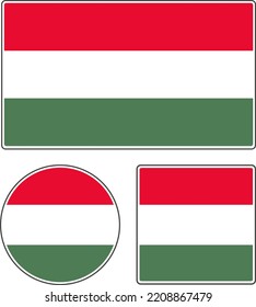 Flags of the countries of the world. State flag of Hungary. Rectangular, round and square shapes. Red white green vector illustration.