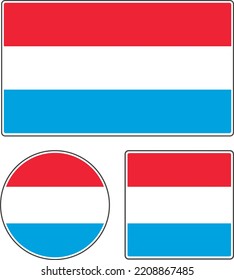 Flags of the countries of the world. State flag of Luxembourg. Rectangular, round and square shapes. Red white blue vector illustration.