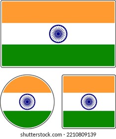
Flags of the countries of the world. State flag of India. Illustration with circle and rays. Rectangular, round and square shapes. Orange white green blue vector illustration.