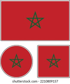 Flags of the countries of the world. State flag of Morocco. Illustration with a star. Rectangular, round and square shapes. Green red vector illustration.