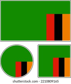 Flags of the countries of the world. State flag of Zambia. Rectangular, round and square shapes. Red black orange green vector illustration.