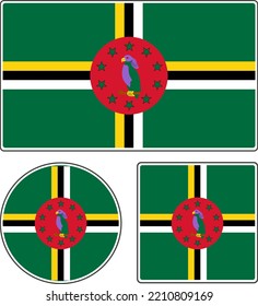 Flags of the countries of the world. State flag of Dominica. Flag with stars, bird. Rectangular, round and square shapes. Red white black yellow green vector illustration.