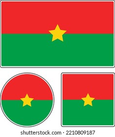 Flags of the countries of the world. State flag of Burkina Faso. Rectangular, round and square shapes. Red green yellow vector illustration.