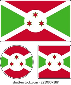 Flags of the countries of the world. State flag of Burundi. Flag with stars. Rectangular, round and square shapes. Red green white vector illustration.