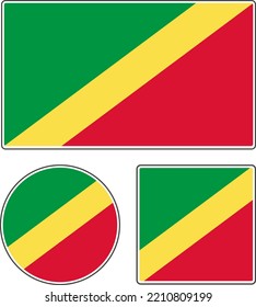 Flags of the countries of the world. State flag of the Republic of the Congo. Rectangular, round and square shapes. Blue yellow red vector illustration.