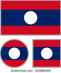 
Flags of the countries of the world. State flag of Laos. Rectangular, round and square shapes. Red blue white vector illustration.
