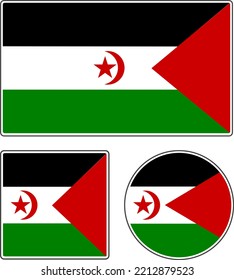 Flags of the countries of the world. State flag of the Saharan Arab Democratic Republic. Illustration with star and moon. Rectangular, round and square shapes. 