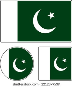 Flags of the countries of the world. State flag of Pakistan. Illustration with moon and star. Rectangular, round and square shapes. White green vector illustration.