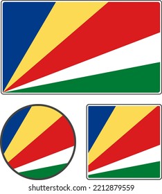 Flags of the countries of the world. State flag of the Seychelles. Illustration with rays. Rectangular, round and square shapes. Yellow red blue white green vector illustration.
