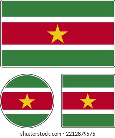 Flags of the countries of the world. State flag of Suriname. Illustration with a star. Rectangular, round and square shapes. Red green white red vector illustration.