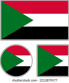 Flags of the countries of the world. State flag of Sudan. Rectangular, round and square shapes. Red white black green vector illustration.