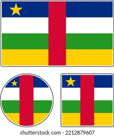 Flags of the countries of the world. State flag of the Central African Republic. Illustration with a star. Rectangular, round and square shapes. White blue red green yellow vector illustration.