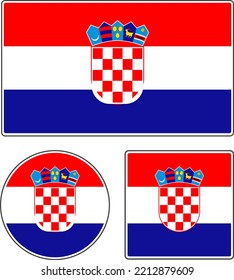 Flags of the countries of the world. State flag of Croatia. Coat of arms illustration. Rectangular, round and square shapes. White blue red vector illustration.