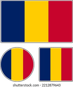 Flags of the countries of the world. State flag of Chad. Rectangular, round and square shapes. Blue red yellow vector illustration.