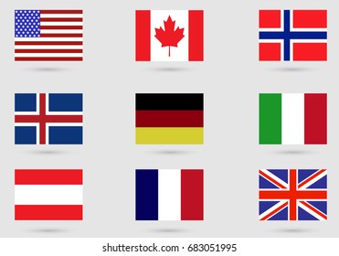 Flags of countries,Norway, America, Britain, Iceland, Germany, Italy, France, United Kingdom, Canada . Flat design, vector illustration, vector.