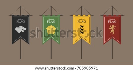 the flags of a country, state, or territory ruled by a king or queen. medieval vintage style flat design vector illustration. middle age kingdom. black green yellow red.