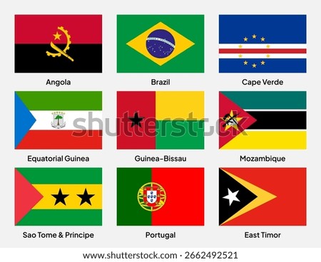 Flags of CPLP (Community of Portuguese Language Countries) members in rectangular shapes (with a 3:2 ratio). Vector illustration.
