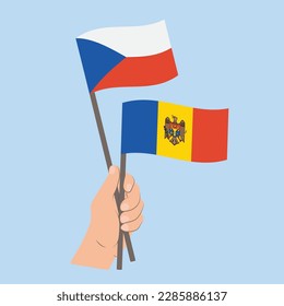 Flaggen der Tschechischen Republik und der Republik Moldau, handgeführte Flaggen