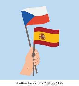 Flags of Czech Republic and Spain, Hand Holding flags