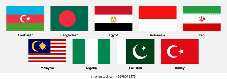 Flags of D-8 (Developing Eight) member countries in rectangular shapes (with a 3:2 ratio). Vector illustration.