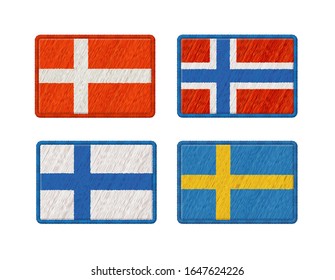 Flags Of Denmark, Norway, Finland, Sweden. Vector Photo Realistic Embroidery Patches Isolated On White Background. 