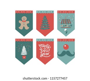 Flags design set for a festive garland with the inscription Happy New year. Mask rabbit, garland, confetti, sock for gifts. For new year decoration of rooms, Christmas trees, fair, market