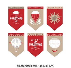 Flags design set for a festive garland with the inscription Merry Christmas and Happy New year. Mask rabbit, garland, sock for gifts. For new year decoration of rooms, Christmas trees, fair, market