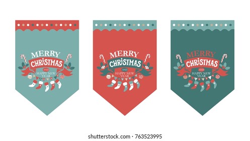 Flags design set for a festive garland with the inscription merry Christmas and Happy New year. Christmas sweets, garland, Christmas decorations, socks for gifts. Vector illustration