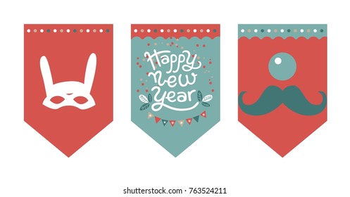 Flags design set for a festive garland with the inscription Happy New year. Mask rabbit, garland, confetti, clown nose and mustache. For new year decoration of rooms, Christmas trees, fair, market