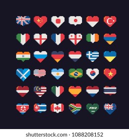 Flags of different countries in heart shape, symbol of love, pixel art icons set, China, Germany, Russia, USA, Italy,  England, isolated vector illustration. 8-bit. Design for stickers, app, magnet.