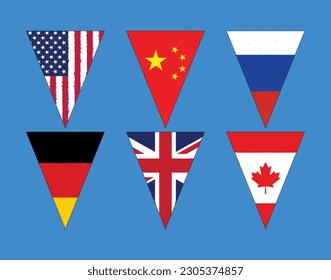 Las banderas de diferentes países, incluidos los Estados Unidos, China, Rusia, Alemania, el Reino Unido y el Canadá, se presentan en formas geométricas de triángulo isosceles.