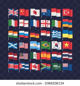 Flags of different countries on stick, pixel art icons set, China, Germany, Russia, USA, Italy,  England, Korea, Japan, Netherlands, isolated vector illustration. 8-bit. Design for stickers, app.
