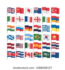 Flags of different countries on stick, pixel art icons set, China, Germany, Russia, USA, Italy,  England, Korea, Japan, Netherlands, isolated vector illustration. 8-bit. Design for stickers, app.